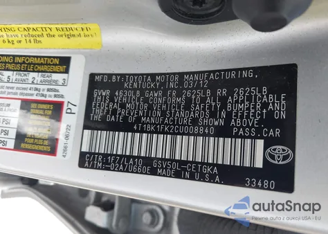 2012 Toyota Camry Xle V6 from USA, damaged, VIN 4T1BK1FK2CU008840